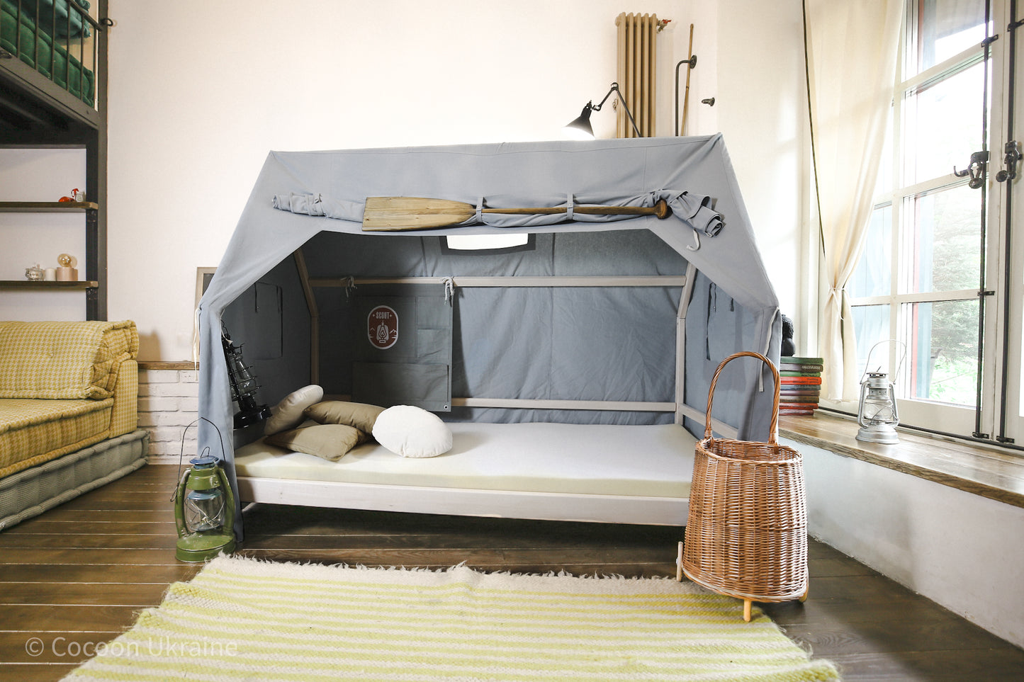 Montessori Bed with Light Gray Canopy