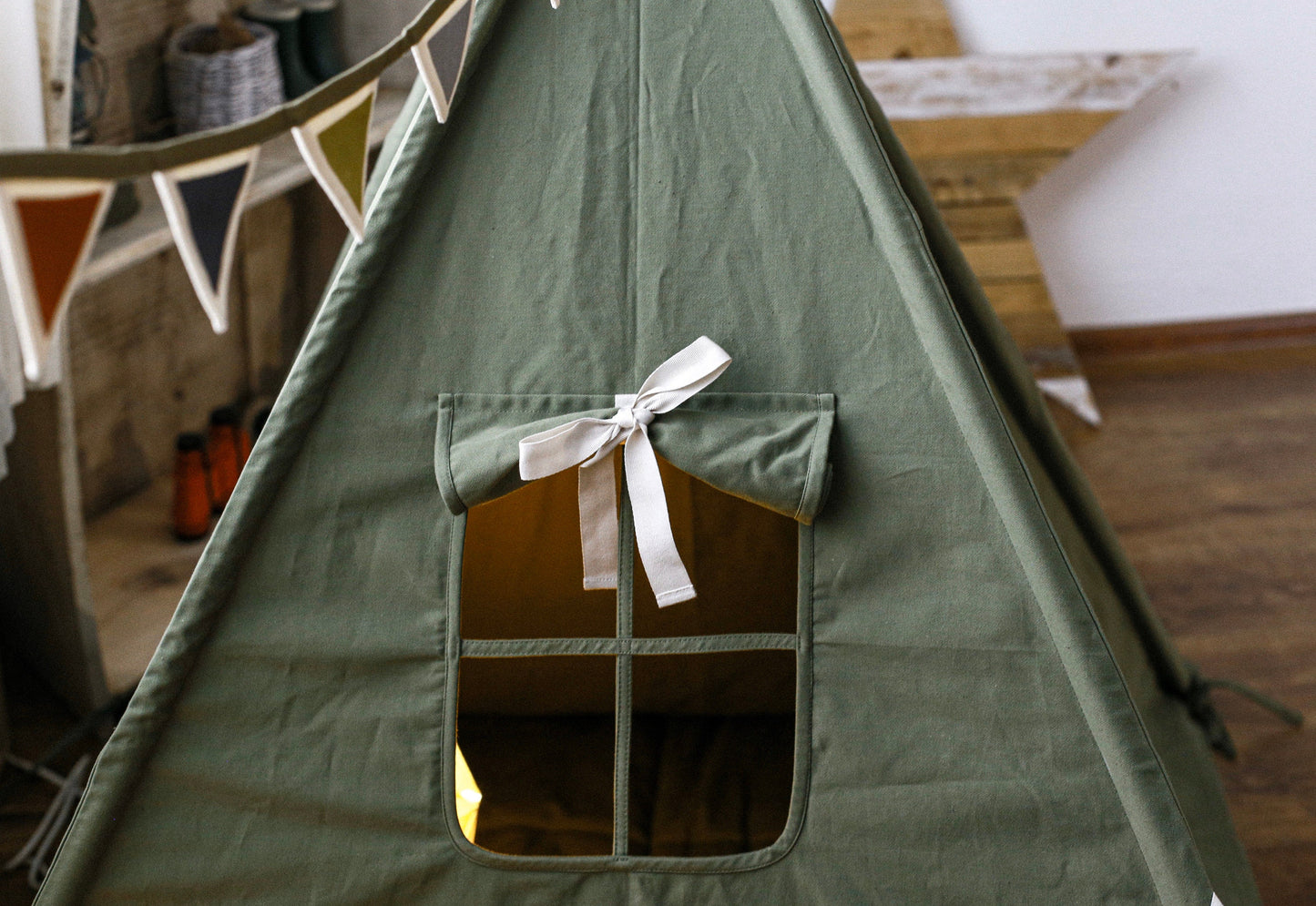 Olive minimalistic teepee, teepee set for kids, tent with windows, canvas olive playhouse - Christmas gift