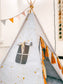 Light gray teepee with golden stars and mustards macrame tassels - first birthday