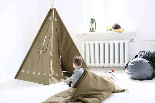 Christmas presents - Kid tent. Green cotton indoor teepee with soft warm mat and decorative lights - is the Best playhouse for toddlers gift