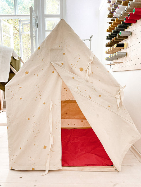 Milk color playhouse with Gold Stars print. Play house for children. Soft red mat for playing. Teepee tent - Christmas gift