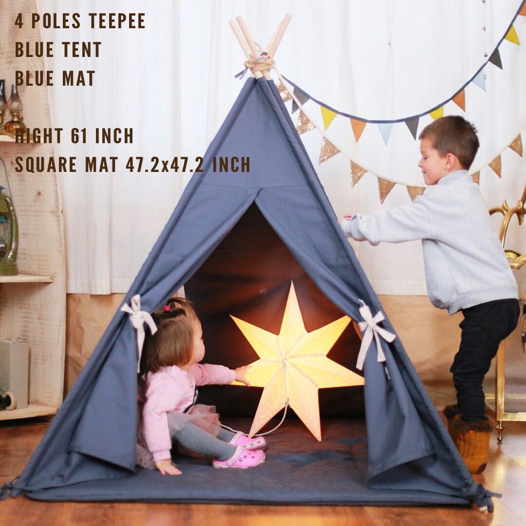 Blue Kids Play Tent with blue mat |  Little Girl Teepee  |  Child Indoor Tent  |  Bushcraft Tent  |  Kids Tipi  |  Kids Play Tent With flags