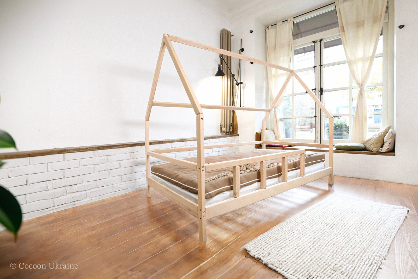 Montessori House Bed, Crib ,Twin, Full, or Queen House Bed Frame + Railings + Slats, Complete with Canopy Cover and Curtain